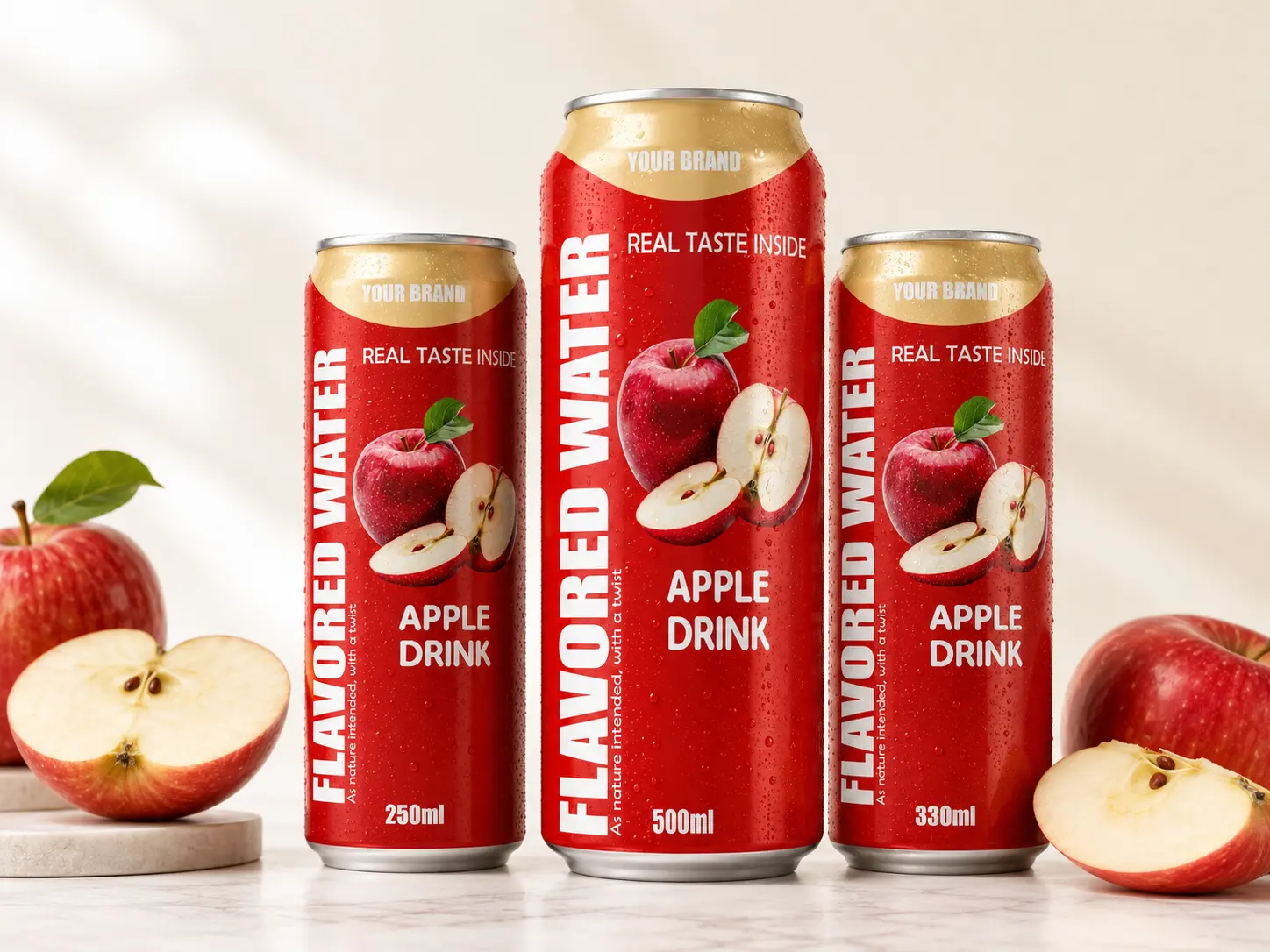 FLAVORED WATER apple drink cans in 250ml, 330ml and 500ml sizes.